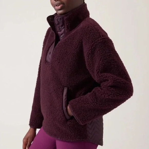 Athleta Cozy Sherpa Snap Sweatshirt in Spiced Cabernet Size M - Picture 1 of 11